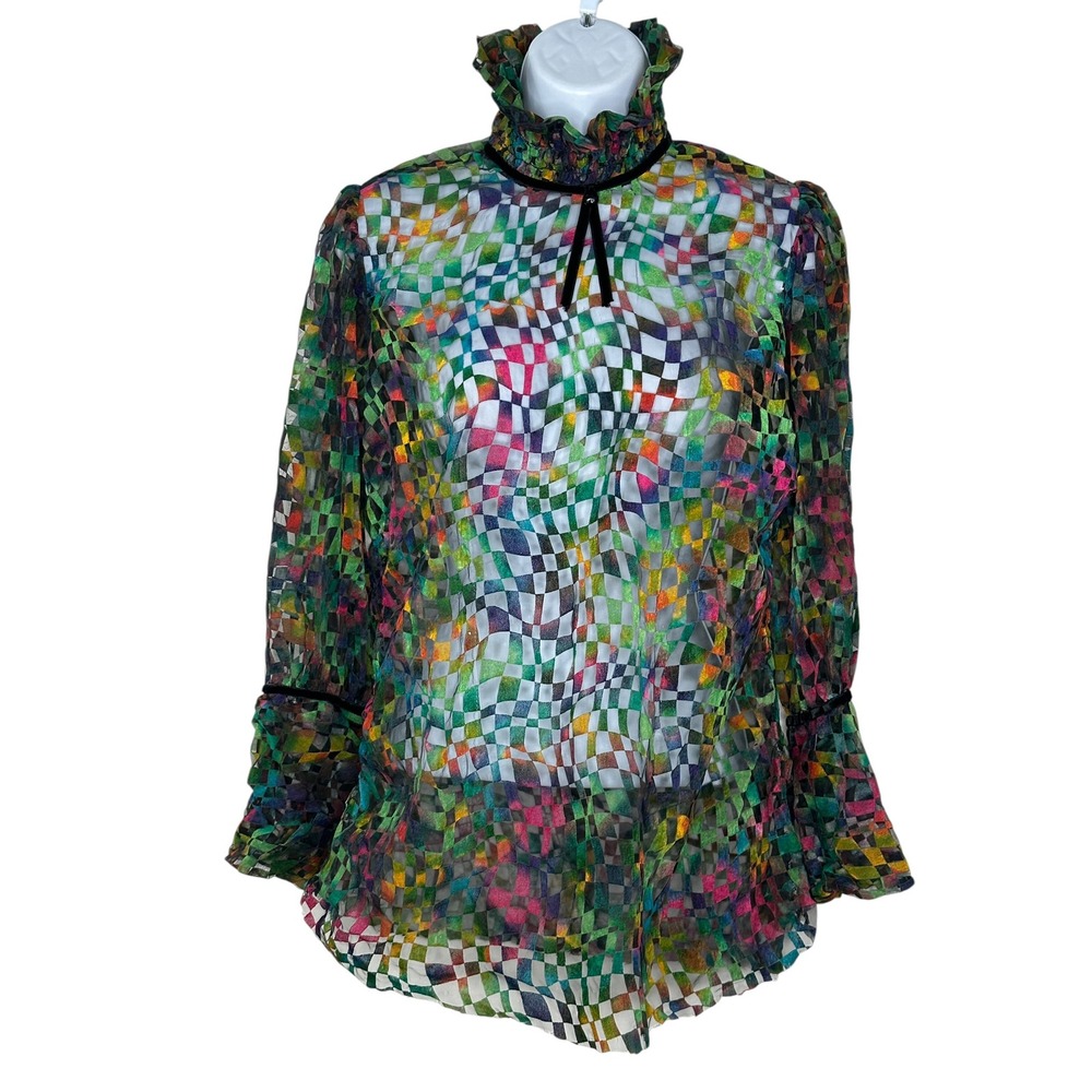 Vintage Sheer Warped Checkerboard Mock Neck Blouse Burnout Funky Retro Top 9 - Picture 2 of 10
